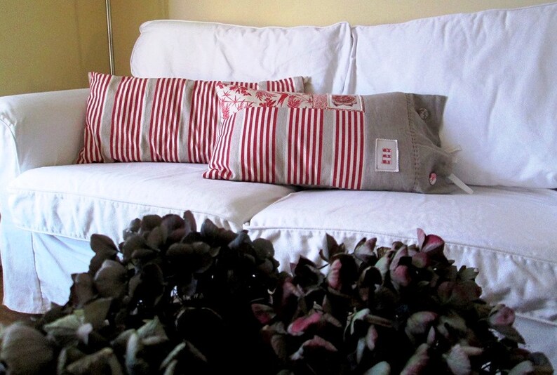 Ticking mattress and print cover cushion, red print n' stripes French inspired pillow image 2