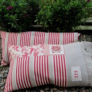 Ticking mattress and print cover cushion, red print n' stripes French inspired pillow image 5