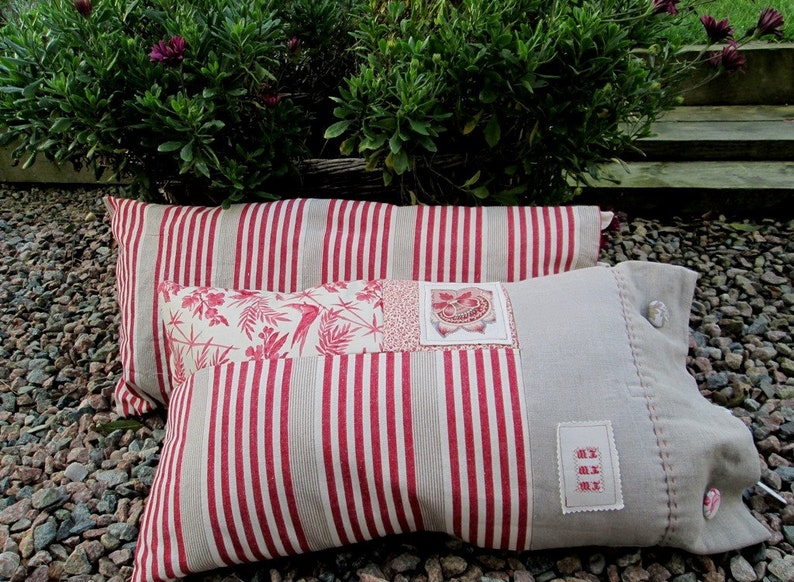 Ticking mattress and print cover cushion, red print n' stripes French inspired pillow image 5