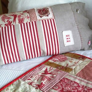 Ticking mattress and print cover cushion, red print n' stripes French inspired pillow image 8