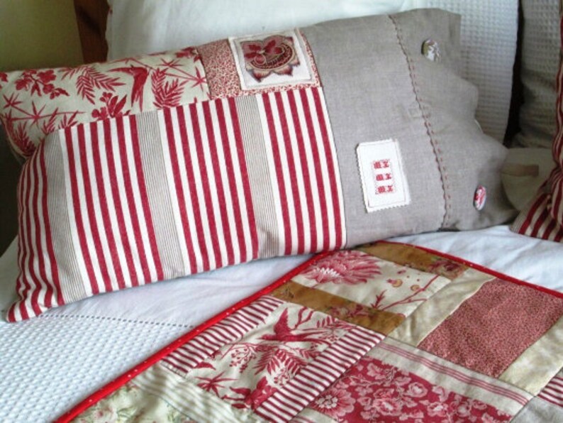 Ticking mattress and print cover cushion, red print n' stripes French inspired pillow image 8