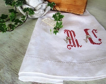 VINTAGE Irish damask linen monogrammed , red monogram embroidered by hand