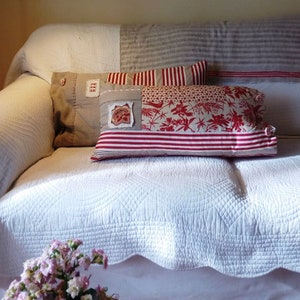 Ticking mattress and print cover cushion, red print n' stripes French inspired pillow image 10