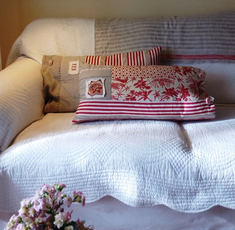 Ticking mattress and print cover cushion, red print n' stripes French inspired pillow image 10