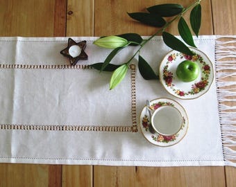 10% off Linen table runner straight ending, table runner with fringes, drawn-thread-embroidery tablecloth