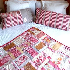 Ticking mattress and print cover cushion, red print n' stripes French inspired pillow image 9