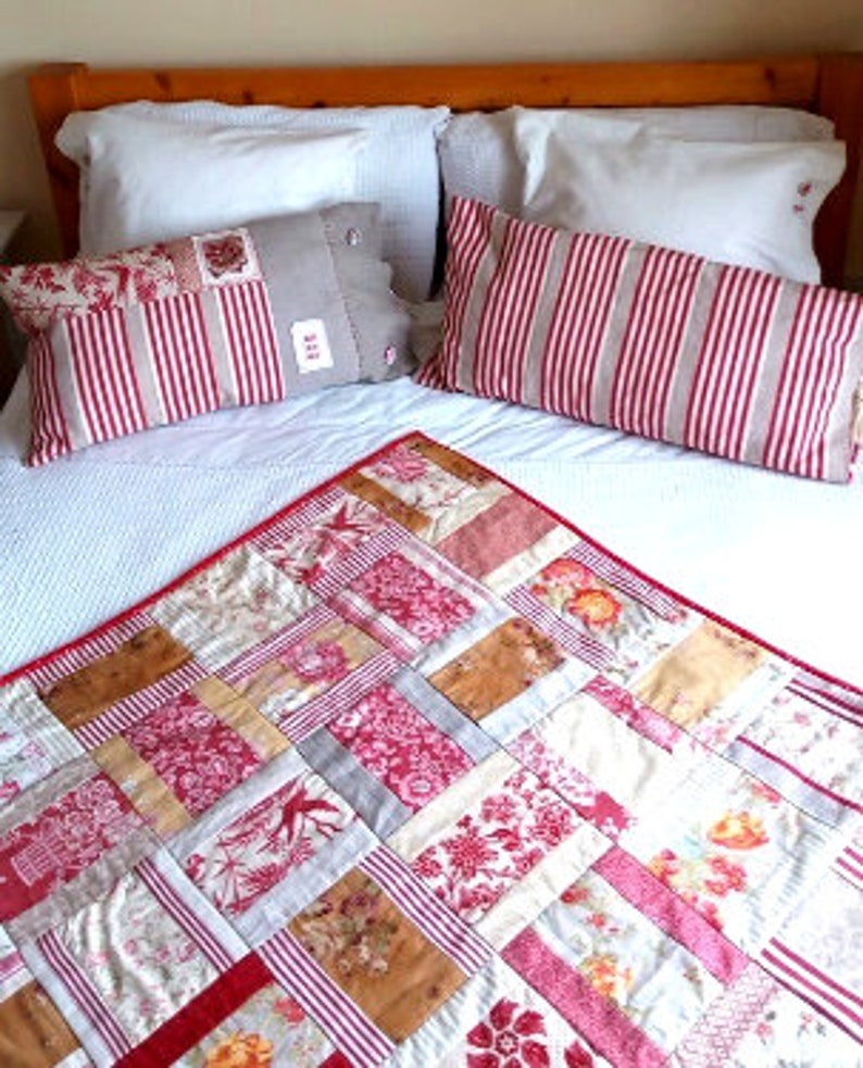 Ticking mattress and print cover cushion, red print n' stripes French inspired pillow image 9