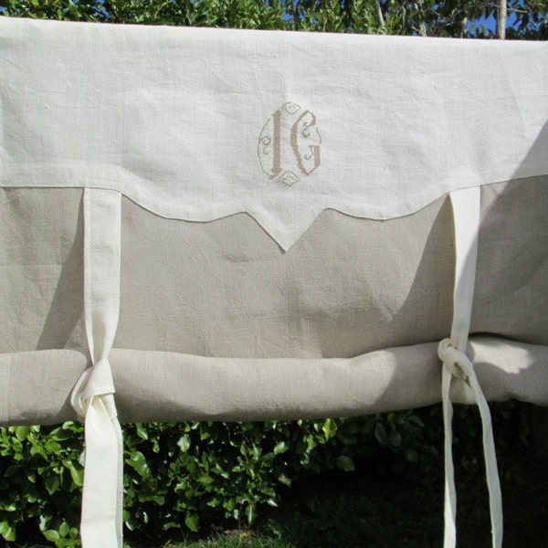 Linen Blind Roller up Embroidered  ,Linen blind tie up hand embroidered, OAK Linen blind