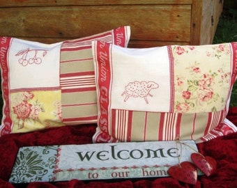 10% OFF Tea towel Linen cushion, Handmade Patchwork Country cushions, Hand embroidered Pillow cover,