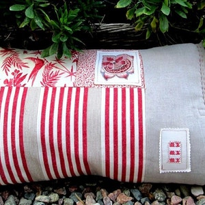 Ticking mattress and print cover cushion, red print n' stripes French inspired pillow image 1