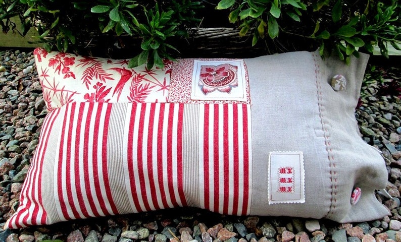 Ticking mattress and print cover cushion, red print n' stripes French inspired pillow image 1