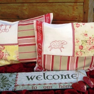 10% OFF Tea towel Linen cushion, Handmade Patchwork Country cushions, Hand embroidered Pillow cover, image 2