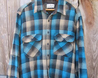 80s Sears Roebuck Plaid Wool Shirt, Men's L // Vintage Blue Winter Shirt // Plaid Outdoor Shirt