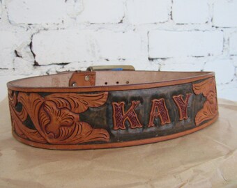 Vintage Tooled Western Leather Belt Name "Kay" w/ Mirror Buckle, max W32 // Cowgirl Belt