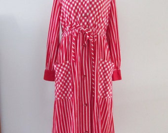 60s/70s Saks Fifth Avenue Red Striped and Checkered Robe, S // Vintage Ankle Length Dressing Gown