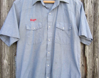 80s Blue Workshirt by Wear-Guard Work Clothes, Men's L, Name Embroidery "Wayne"  // Vintage Short Sleeve Summer Work Shirt