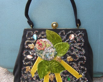 40s Hand Decorated Black Velvet Purse // Vintage Beaded Floral Bag w/ Velvet Leaves and Cross Stitch Petal