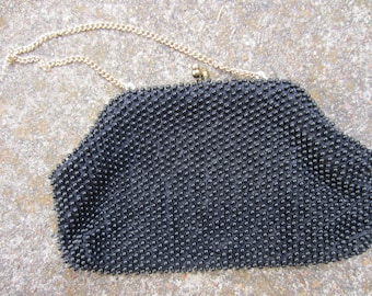 50s Black Beaded Clutch w/ Gold Chain by Debbie A Division of John Wind // Vintage Evening Bag