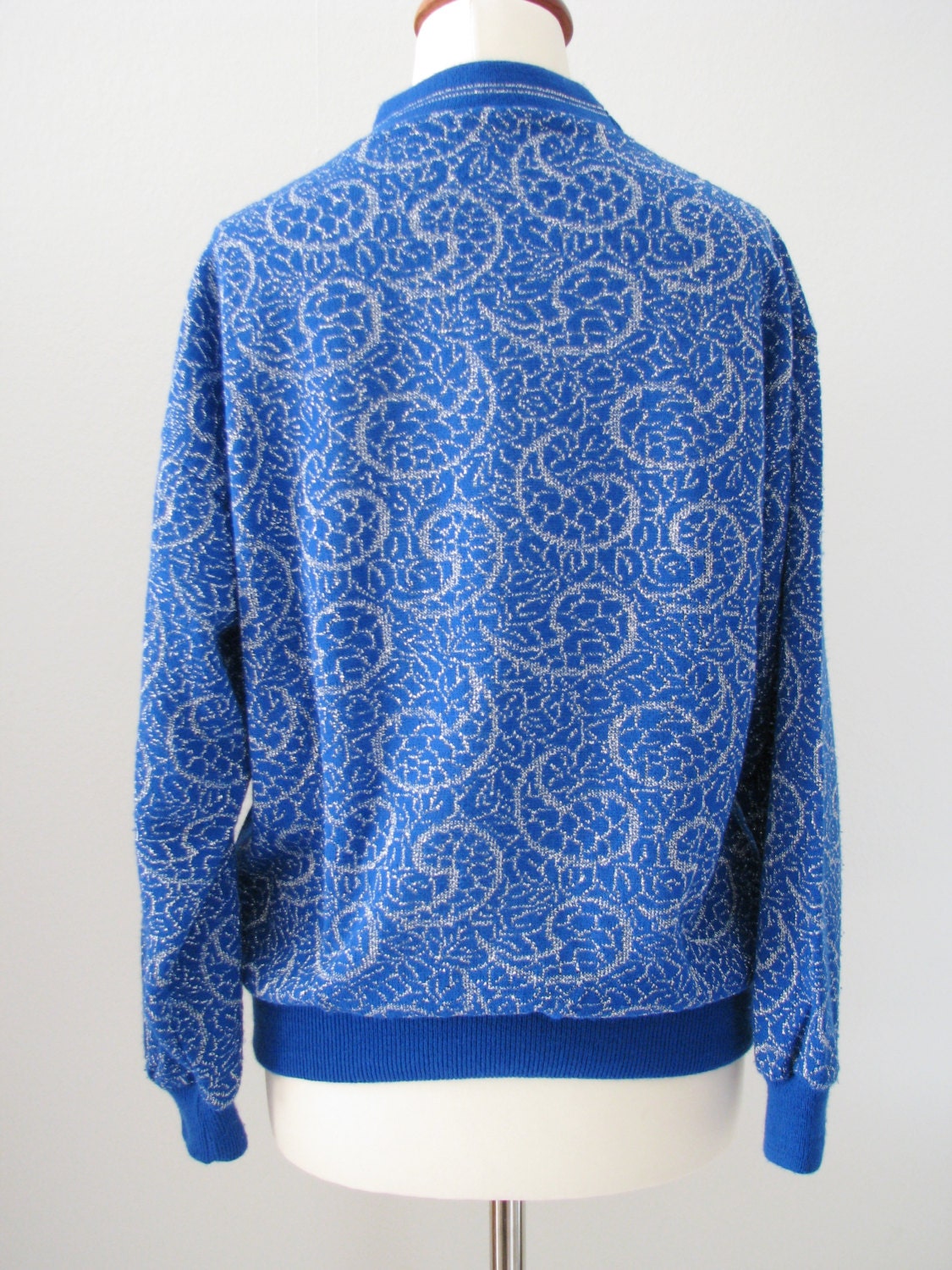 80s Silver Paisley Knit Sweater in Bright Blue by Milano Etsy