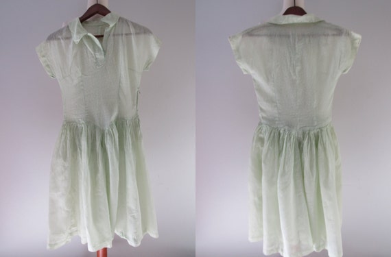 50s Pale Green Sheer Floral Day Dress, XS // Vint… - image 2