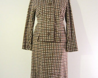 50s Tailored Brown Plaid Jacket Suit by Eila Suvela, S-M, W27 // Blazer Skirt // Two-Piece Suit // Vintage Pin-up Jacket Suit