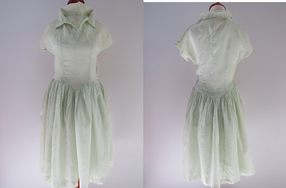 50s Pale Green Sheer Floral Day Dress, XS // Vint… - image 1