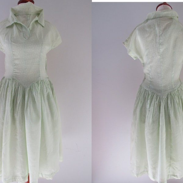 50s Pale Green Sheer Floral Day Dress, XS // Vintage Hand Made Ditsy Print Tea Party Dress