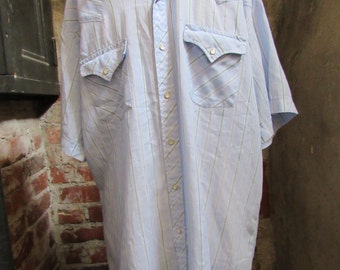 80s Striped Pale Blue Cowboy Shirt w/ Short Sleeves by Ely Cattleman, Men's M-L  // Vintage Country Western Shirt