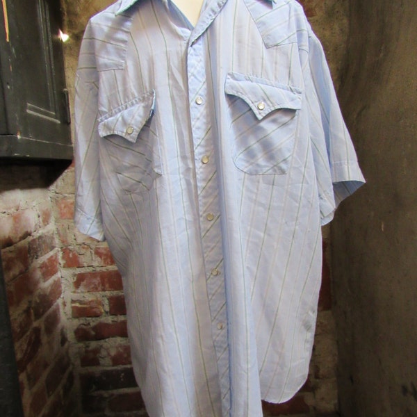 80s Striped Pale Blue Cowboy Shirt w/ Short Sleeves by Ely Cattleman, Men's M-L  // Vintage Country Western Shirt