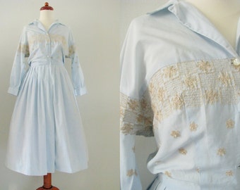 50s Western Golden Embroidered Pail Blue Long Sleeve Shirtwaist Dress w/ Flared Skirt by Raimondi of Dallas, XS-S, W25 // Vintage Day Dress