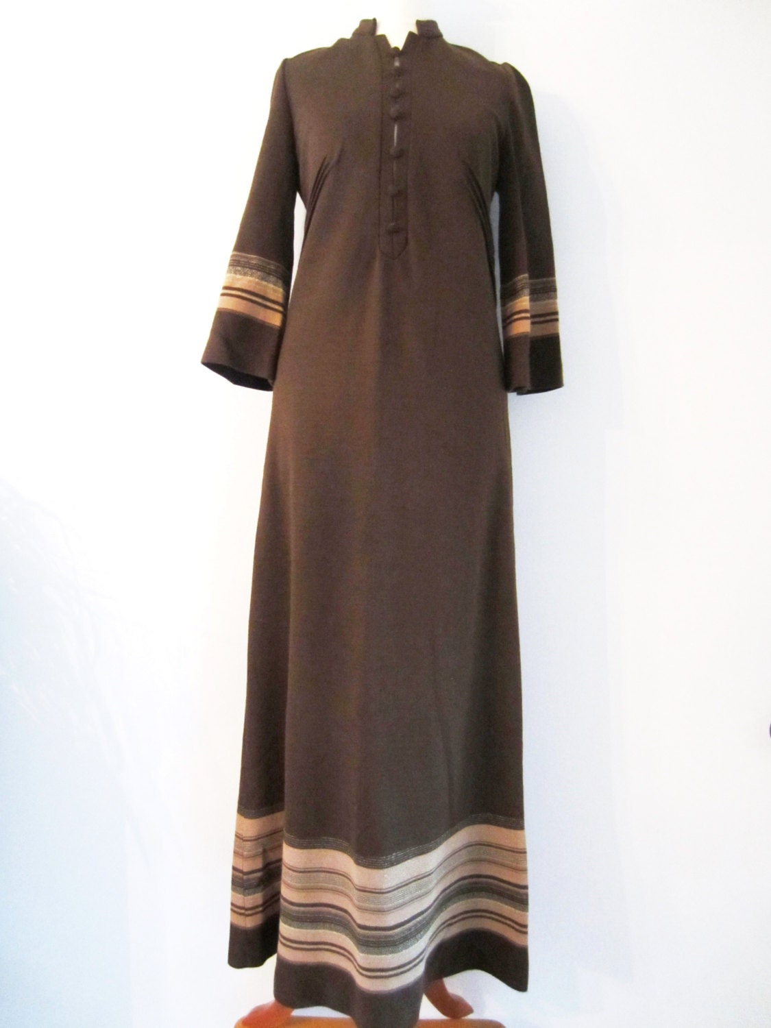 60s Brown Maxi Dress W/ Gold Shimmering Folk Stripes and 3/4 | Etsy