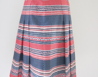 70s Striped Pleated Skirt in Red Blue and White, S-M / W27 // Vintage Folk Style A-line Skirt