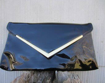 70s Super Glossy Black Clutch w/ Golden Frame // Vintage Flat Party Purse