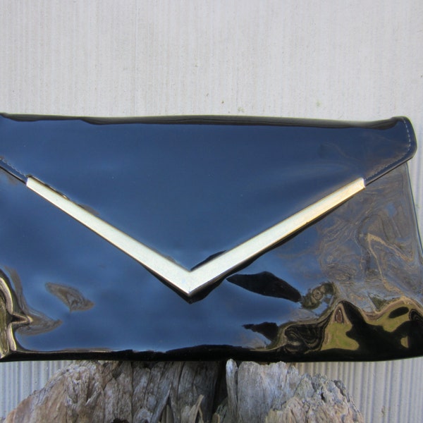 70s Super Glossy Black Clutch w/ Golden Frame // Vintage Flat Party Purse