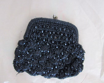 40s Black Beaded Raffia Clutch w/ Gold Chain // Vintage Evening Bag