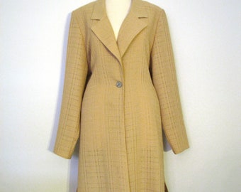 80s Pale Gold Long Fitted Blazer w/ Shoulder Pads by Kielo-Tuote, M-L // Vintage Golden Woven Party Jacket