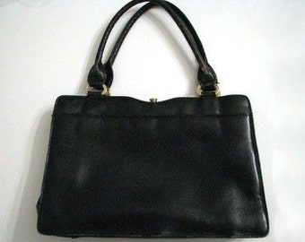 50s/60s Black Classic Leather Handbag w/ Pocket Mirror // Vintage Purse