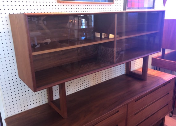 Danish Modern Bookcase Cabinet W Glass Sliding Doors Teak Etsy