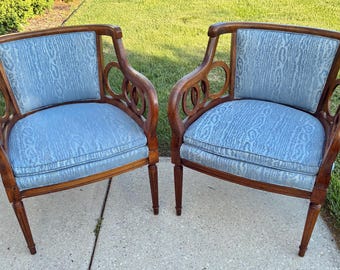 Pair 2 Hollywood Regency Barrel Backed Accent Chairs.