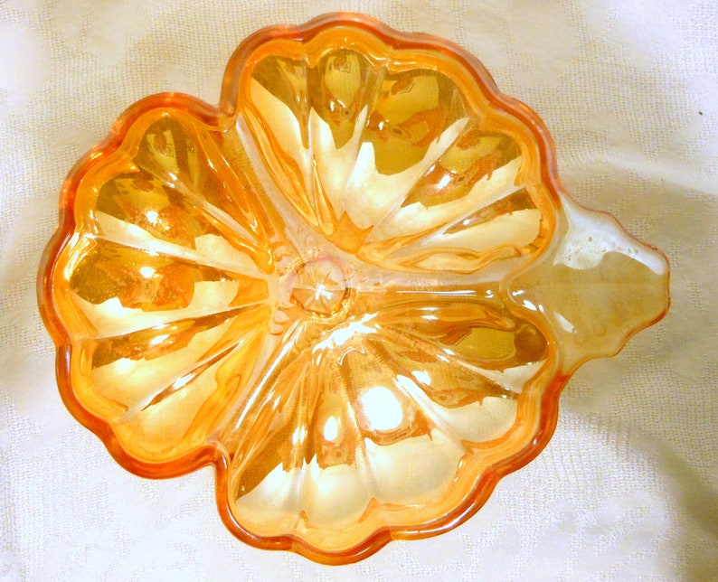 Carnival Glass Candy Dish Doric Clover Leaf Marigold