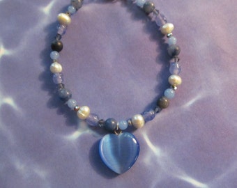Blue Pearl Bracelet with Heart Charm