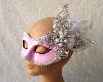 Artisan eye Mask: 'Pink with butterfly' (lace and butterfly) - Traditional handmade mask