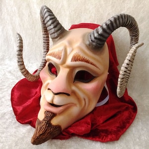 Artisan mask: &#39;Happy faun with big curly horns&#39;  (faun- satyr, pink skintones) - Traditional handmade mask