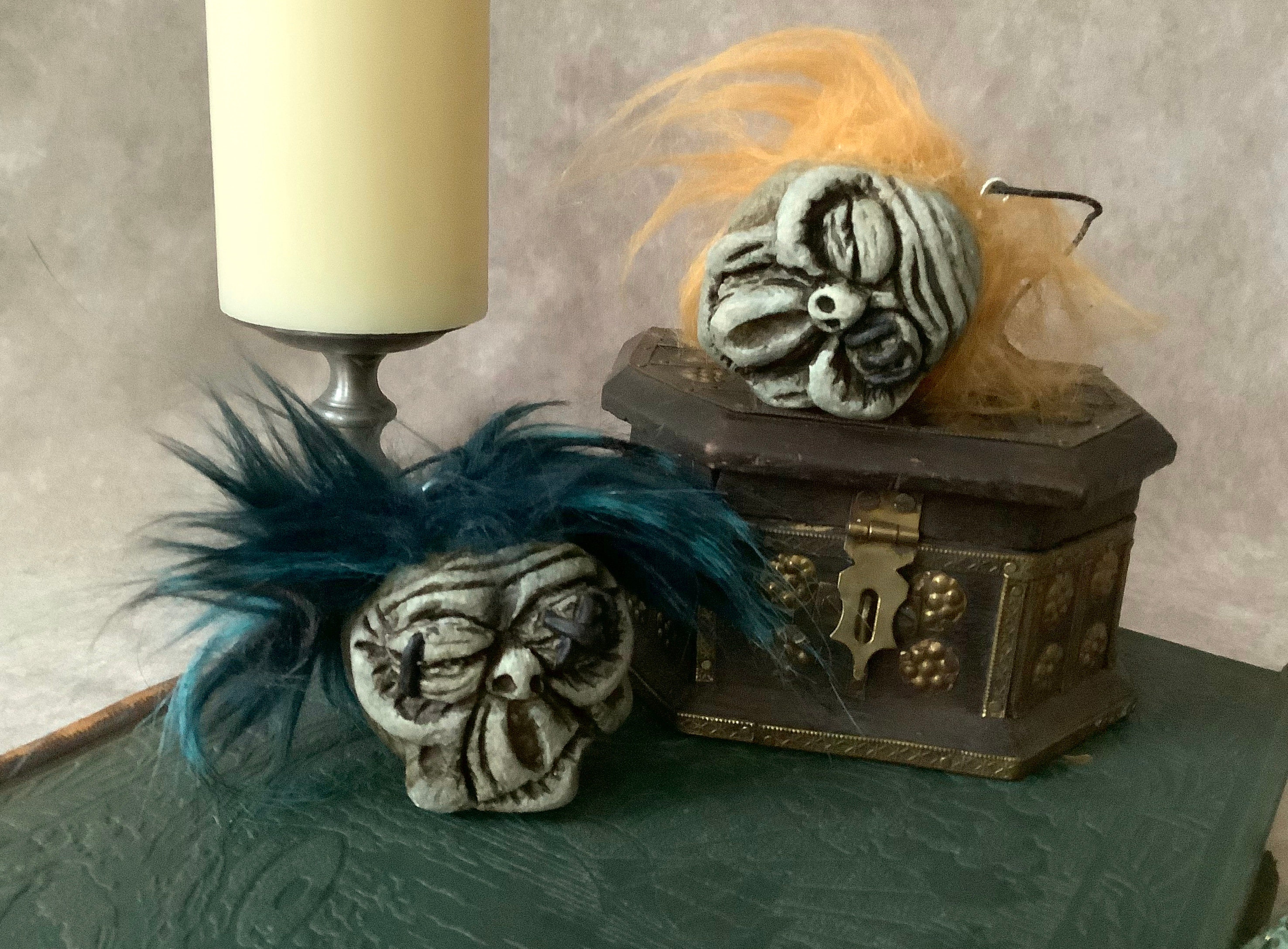 Shrunken heads - set of 2 funny handmade, hand sculpted shrunken heads (blue - orange/ginger hair)