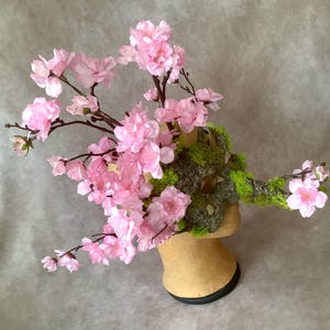 May include: A decorative floral arrangement featuring pink cherry blossoms. The flowers are arranged on brown branches, accented with green moss, and set in a beige vase with a black base.