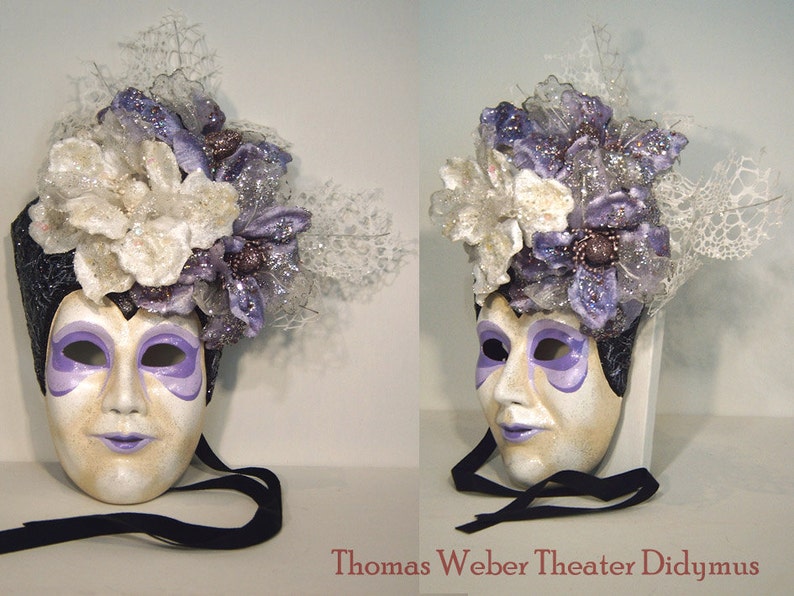Full mask: /'Mrs with Hat/' lilac - flowers decoration - Traditional handmade mask wearable art