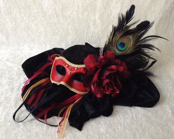 Artisan Eye Mask fancy Red big Rose and Feathers Traditional