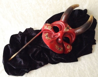 Artisan half mask on a stick: 'Fancy smiling devil' (lace and rhinestones) - Traditional handmade mask