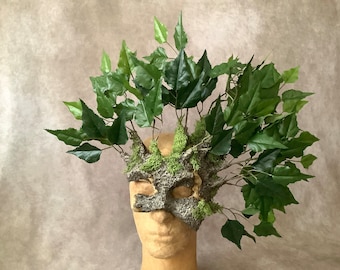 Artisan quarter mask: &#39;Tree mask small green leaves&#39;  (with moss and green leaves) - Traditional handmade mask