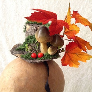 Peut inclure: Un chapeau haut de forme fantaisiste en écorce et mousse, décoré de champignons, de baies rouges et de feuilles d'automne.
